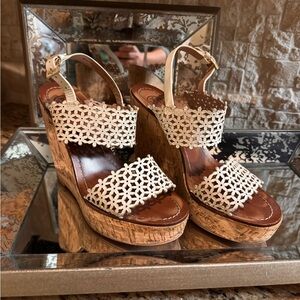 Tory Burch Cream and Brown Wedge Sandals